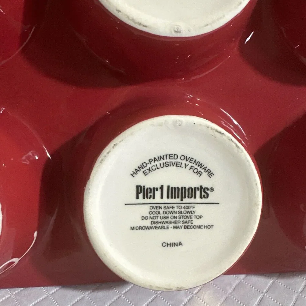 Pier 1 Christmas Holiday Handpainted Muffin Cupcake Polka Dot Ceramic‎ Pan